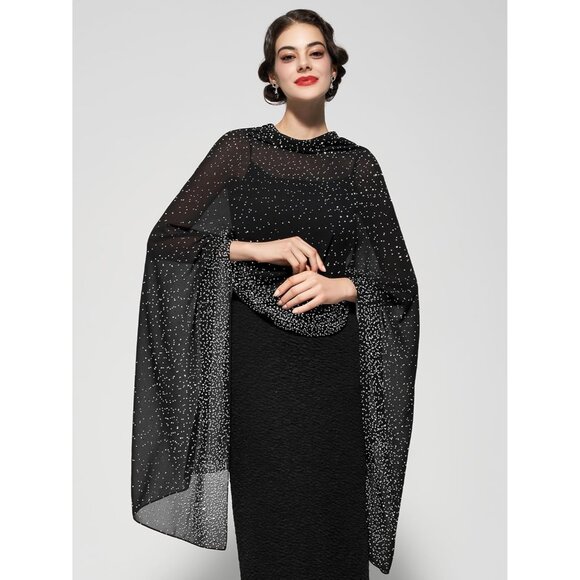 Women Black Sequin Chiffon Shawls and Wraps Formal Rhinestone for Evening Dress - Picture 3 of 6